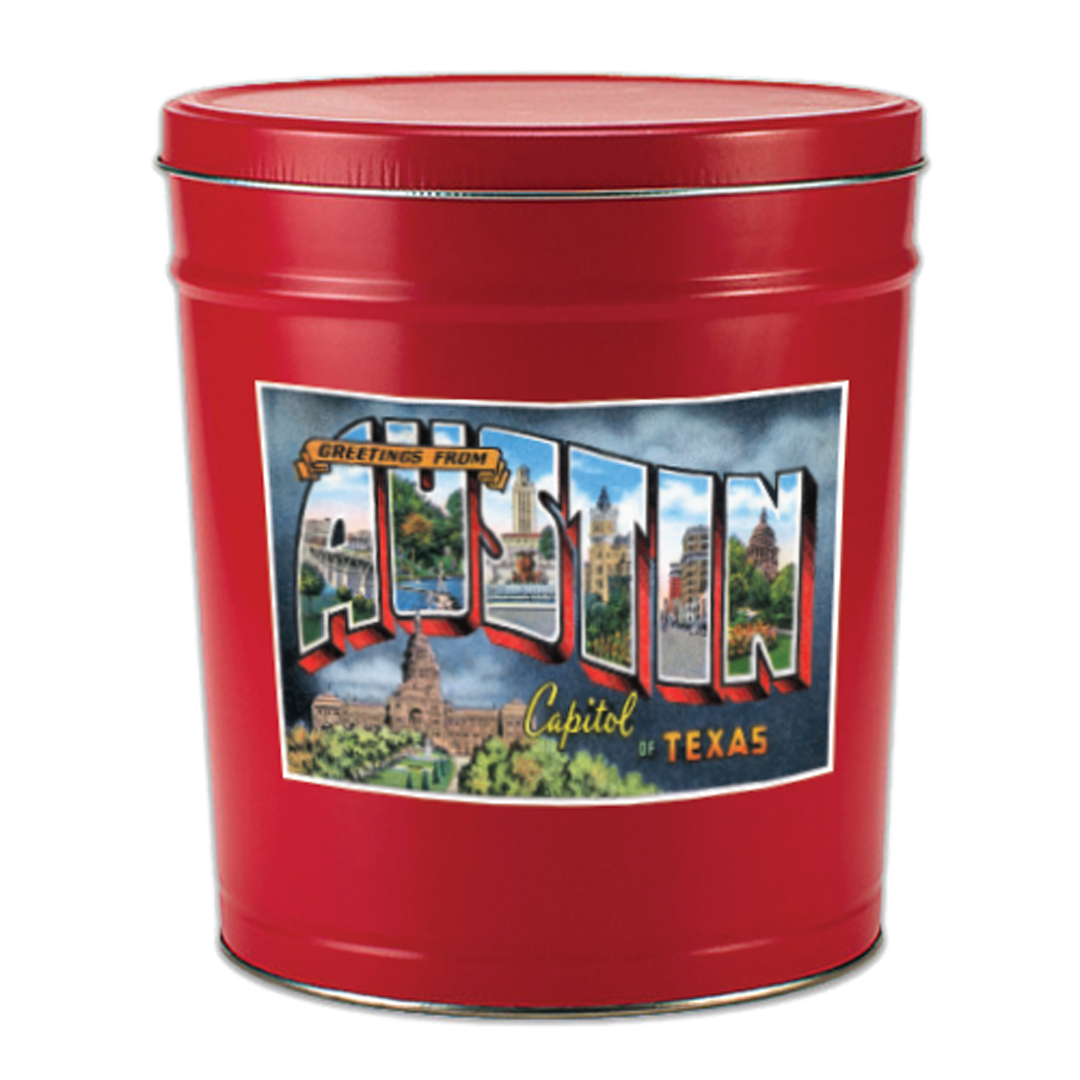 3.5 Gallon Greetings from Austin Popcorn Tin